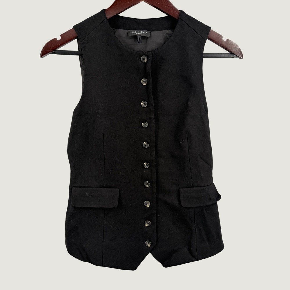 Rag & Bone Irina Long Vest Womens Size 0 Black Button Front Tailored